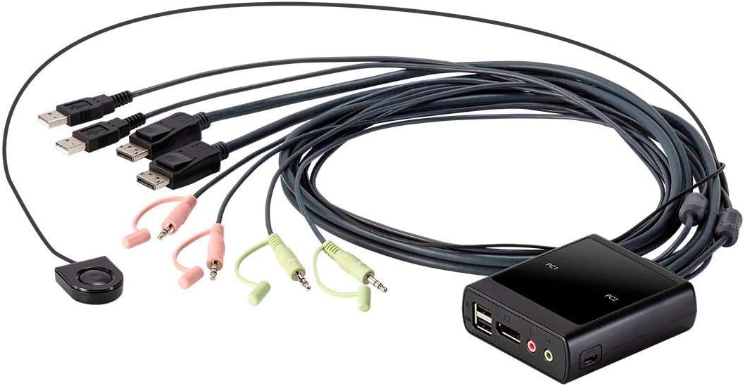 Monoprice 2-Port USB DisplayPort Cable KVM Switch, 4096x2160@30Hz with Remote Port Selector, Supports Microphone and Speakers