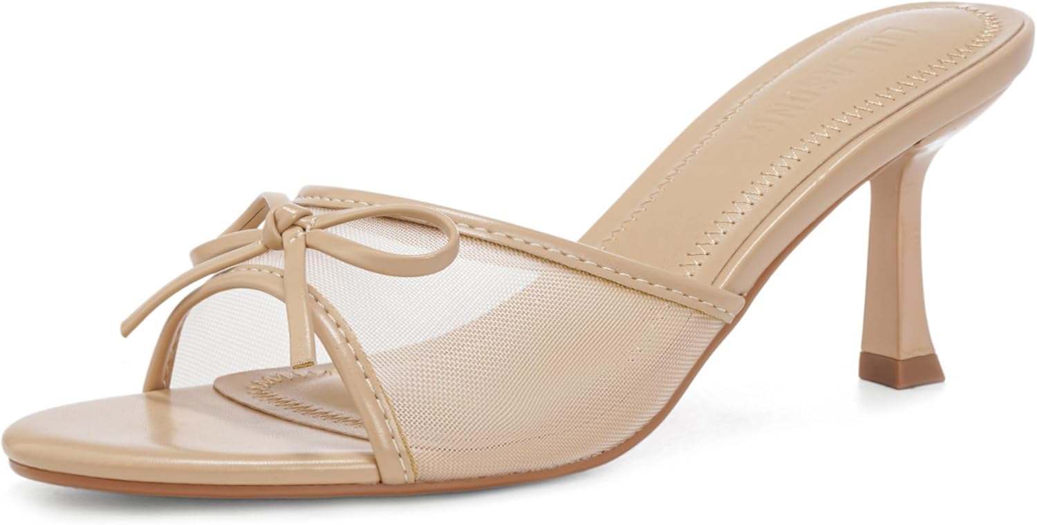 Women's Kitten Heels Open Round Toe Slip On Mesh Heels Mid Heeled Sandals for Women