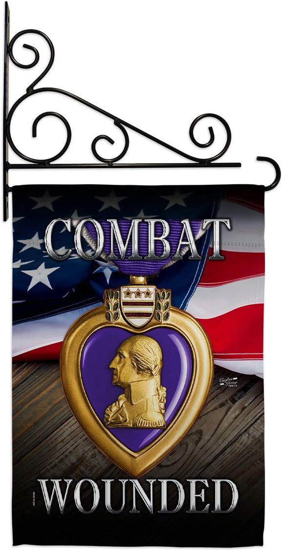 Purple Heart Combat Wounded Garden Flag Set Wall Holder Armed Forces Military Service All Branches Support Honor United State American Veteran Official Gift Yard House Double-Sided 13 X 18.5