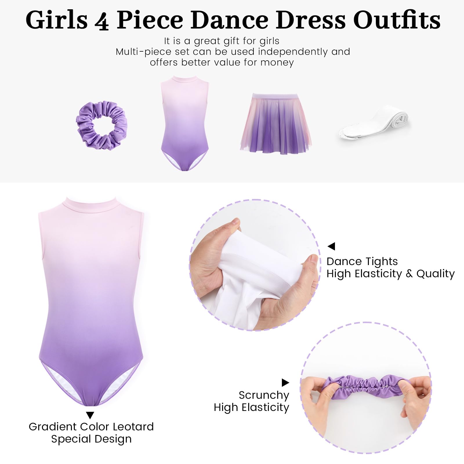 JiAmy Body da danza per ragazze, 4 pezzi, con gonna rimovibile, colore sfumato, vestito da danza con collant elastici 4-12 anni