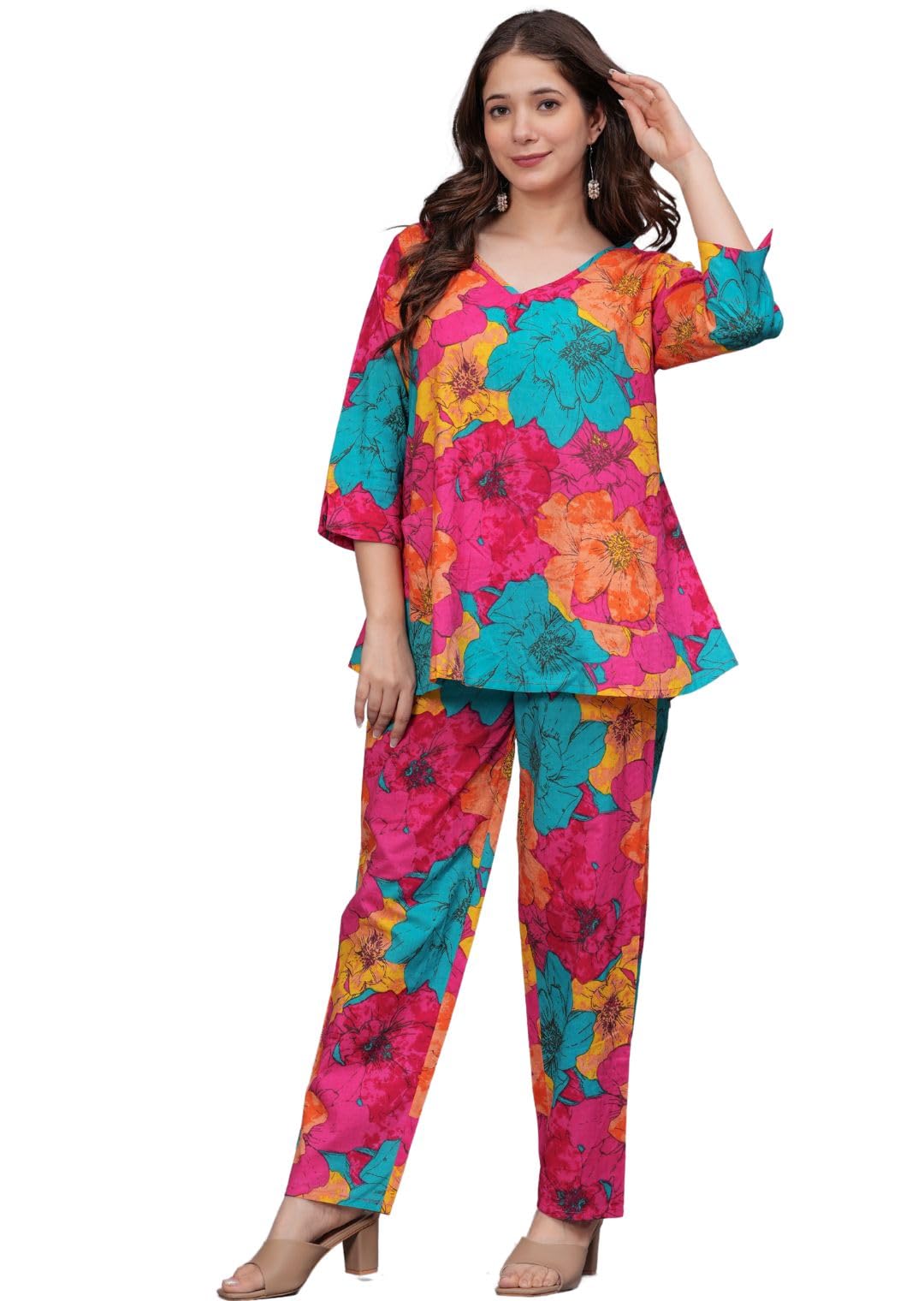 Rytras Women's Pure Cotton Printed Straight Kurta Set With Palazzo Pants - Ethnic Wear, Pink(Ryt606-New,L)