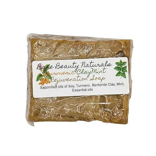 Bare Beauty Naturals 100% Natural Olena Turmeric ClayMint exfoliating antioxidant soap wBentonite Clay and Mint - Plant-Based (Brick cut 9-10.9 oz,