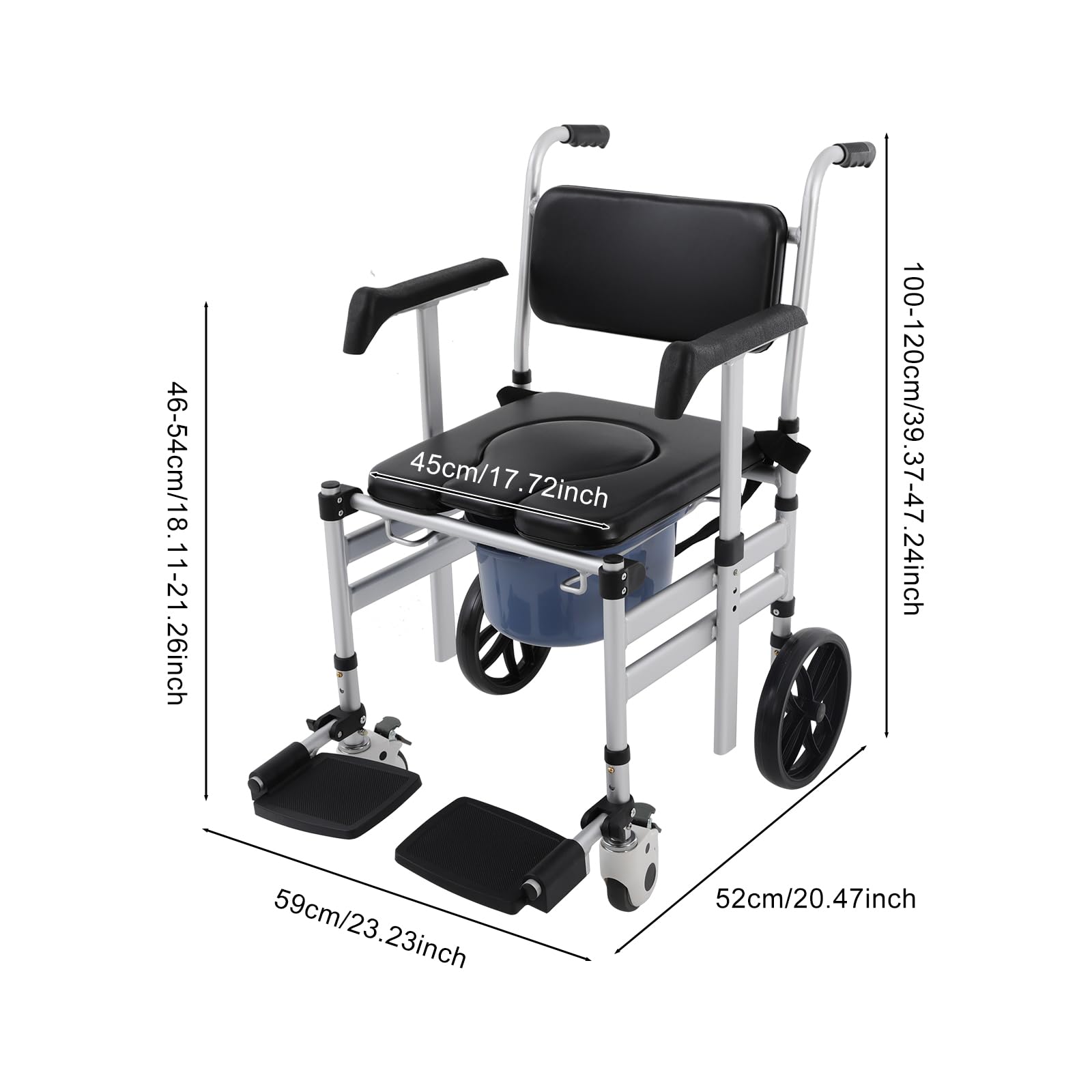 Silla de baño móvil 3 en 1 para personas mayores, asiento en U, silla de ducha con ruedas y cinturón de seguridad, soporta hasta 150 kg, altura ajustable, silla de ruedas para baño o ducha, para