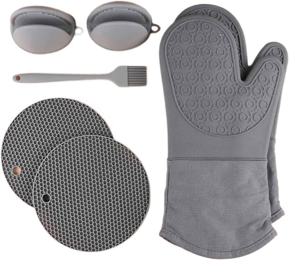 7Pcs/Set Silicone Microwave Gloves Heat Insulation Oven Mitt Pot Holder Non‑Slip Grilling Pad Hand Clip for Kitchen Cooking Baking