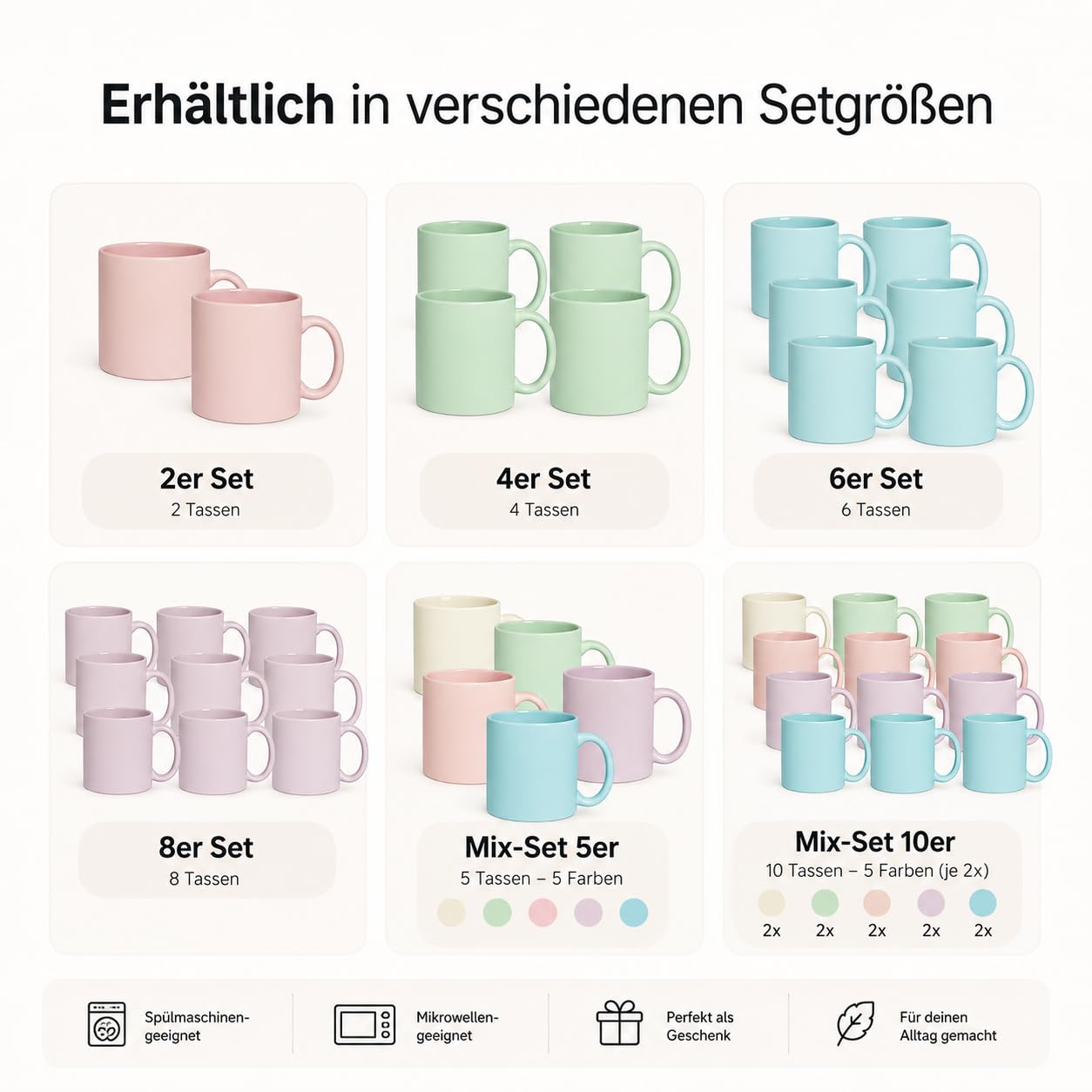 Pastell Tassen 330 ml – bunte Tassen, Kaffeetassen Set, Kaffeebecher Keramik matt mit Henkel, Cappuccino Tassen & Teetasse für Kaffee Tee, große Keramik Tasse für Büro Küche, 10er Set pro Farbe 2x