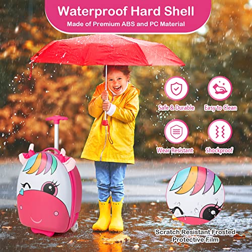 HONEY JOY Kids Luggage, 16” Children Rolling Suitcase w/Light-up Wheels & Telescopic Handle, Hard Shell Lightweight Travel Luggage for Toddlers, Carry On Luggage with Wheels for Boy Girl(Pink Unicorn)4
