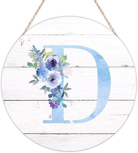 BESTORLOVE Letrero de bienvenida para pared con monograma inicial D letrero redondo de madera del alfabeto azul floral colgante de flor silvestre de