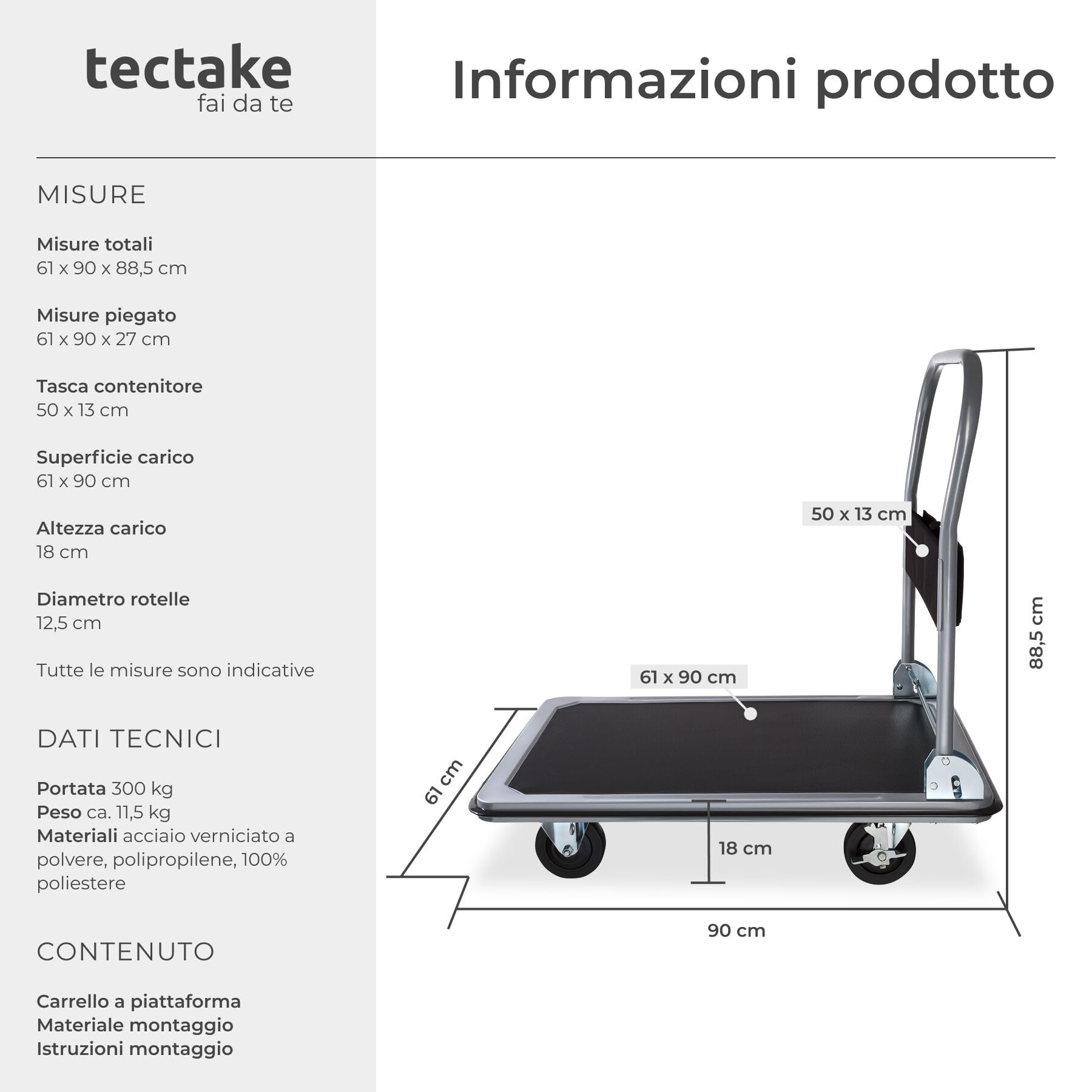 tectake® Carrello con ruote portatutto 73x47x83 cm Carrello Portapacchi Pieghevole Acciaio con Pianale Portapacchi, Carico Max 300kg, Maniglia, 2 Ruote Fisse 2 Ruote Girevoli, Ideale Magazzino - Nero