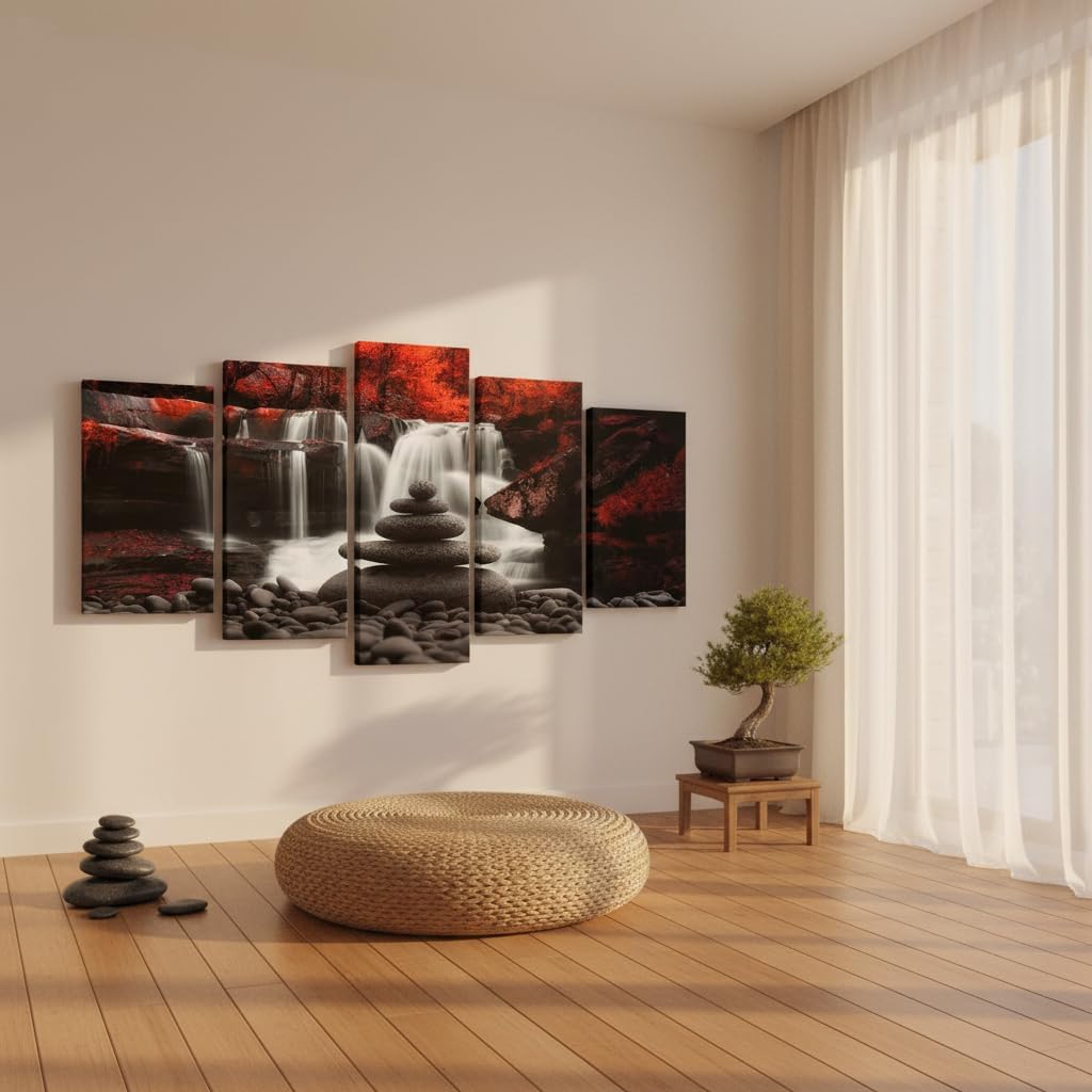 Conipit Black White and Red Waterfall Wall Art Zen Stones Landscape Artwork Red Trees Forest Canvas Falls Picture Prints Autumn Wall Decor for Living Room Framed (60''x32'') - Image 7
