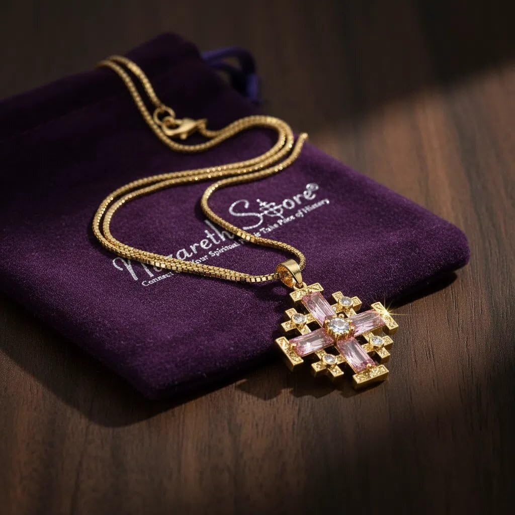 Nazareth Store 18k Yellow Gold Plated Crusaders Jerusalem Cross Pendant with Crystallized Topaz and 20" Necklace Chain