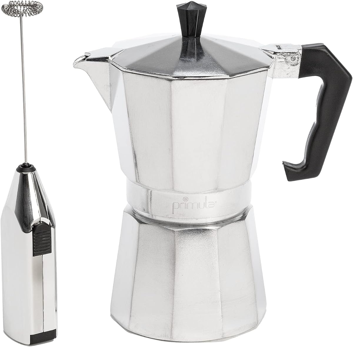 Primula Stovetop Cafetera espresso y espumador de leche eléctrico de mano, juego de regalo, Moka Pot para café clásico italiano y cubano, cafetera, 6 tazas de espresso, plata