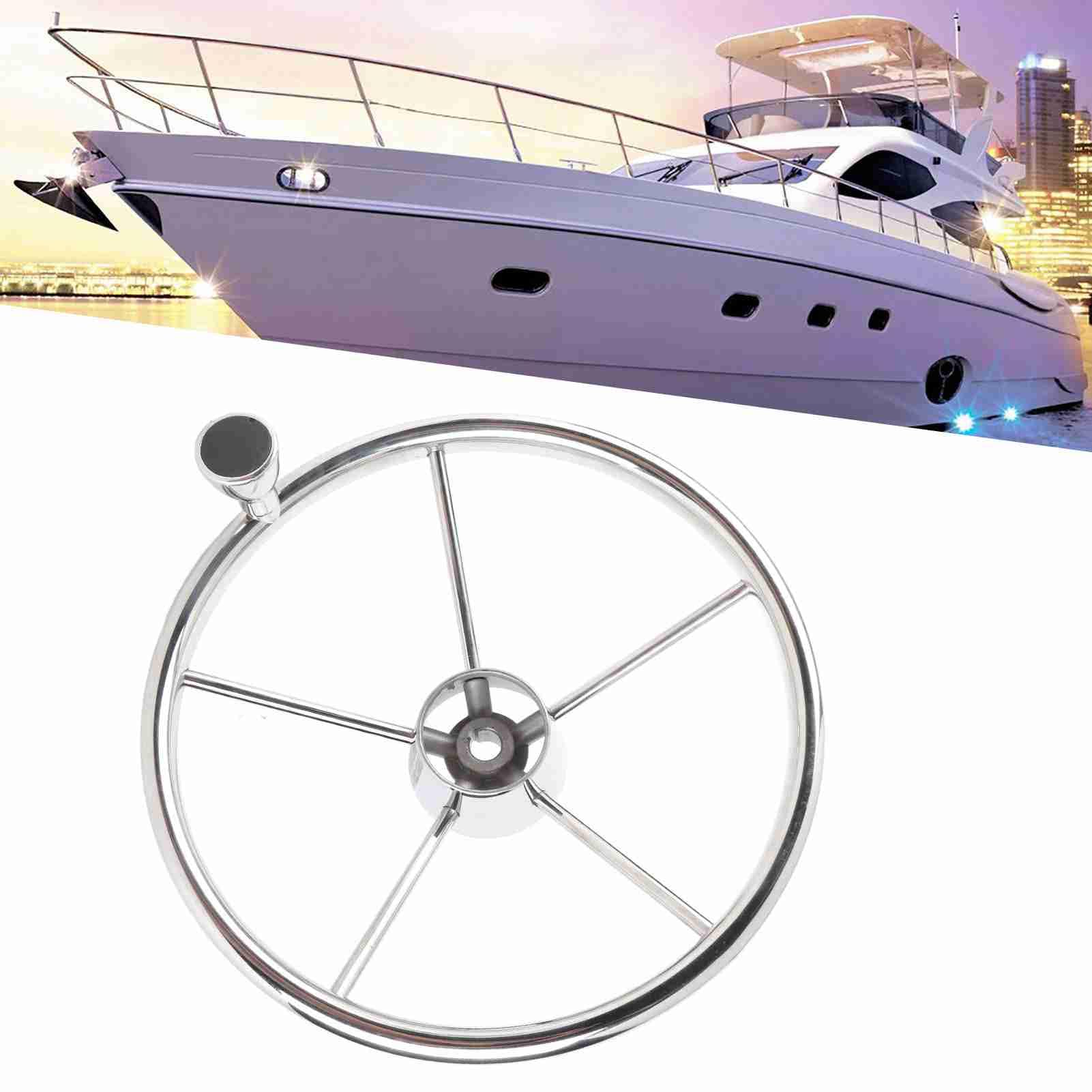 Volante di timone per barche in acciaio inox a 5 razze da 13,5 pollici con manopola di controllo, volante di timone marino universale di ricambio per barche, albero conico da 3/4