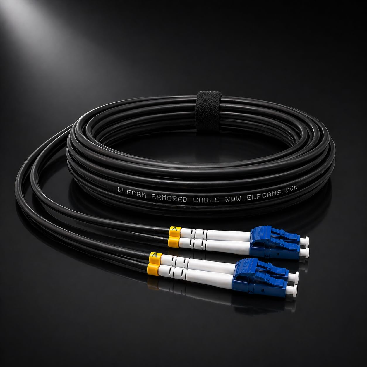Elfcam® - Cavo Fibra Ottica con Armatura in Acciaio Corrugato LC/UPC per LC/UPC OS2 Duplex Monomodale 9/125um LSZH, Adatto per Installazioni Esterne e Interne, Nero, 50M