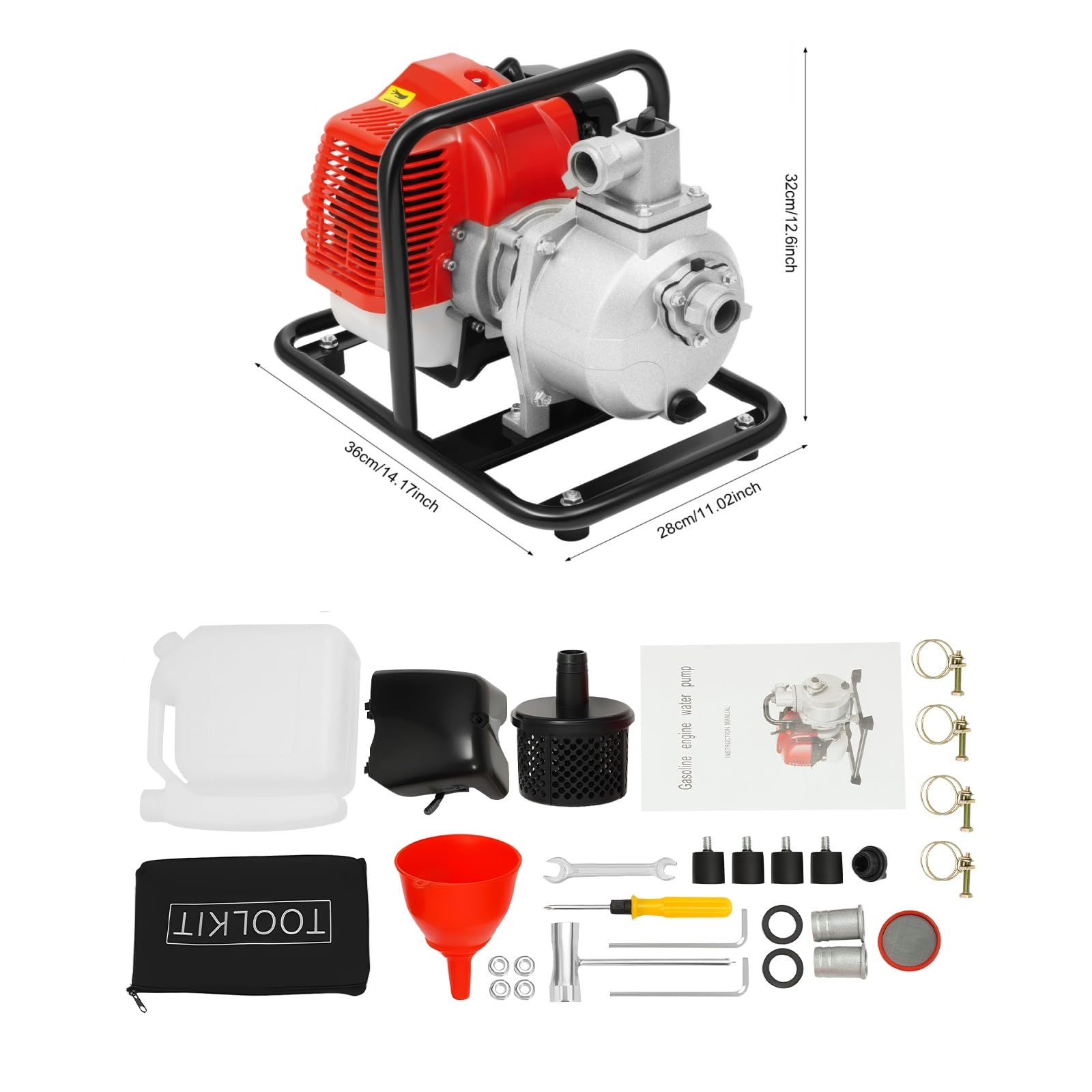 Pompa acqua benzina 1,25 kW/1,7 hp 8000 l/h 30 m, motore 2T, bottiglia olio, filtro | irrigazione/drenaggio (610 g carburante)
