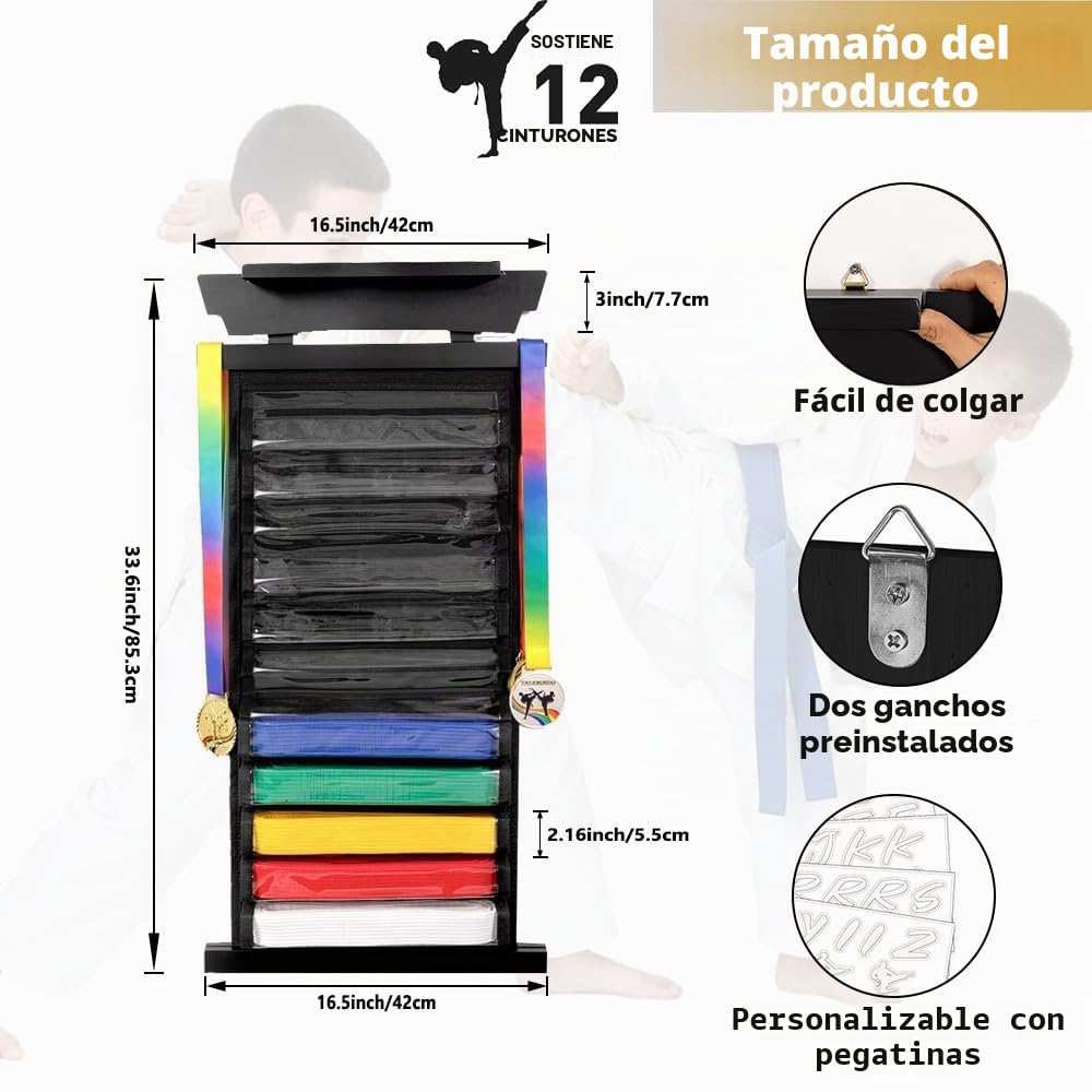 Soporte de Cinturones de Artes Marciales con Bolsa para Polvo, Soporte de Pared para Cinturón de Judo, para 12 Cinturones, Expositor de Cinturón Taekwondo para Artes Marciales, Karate