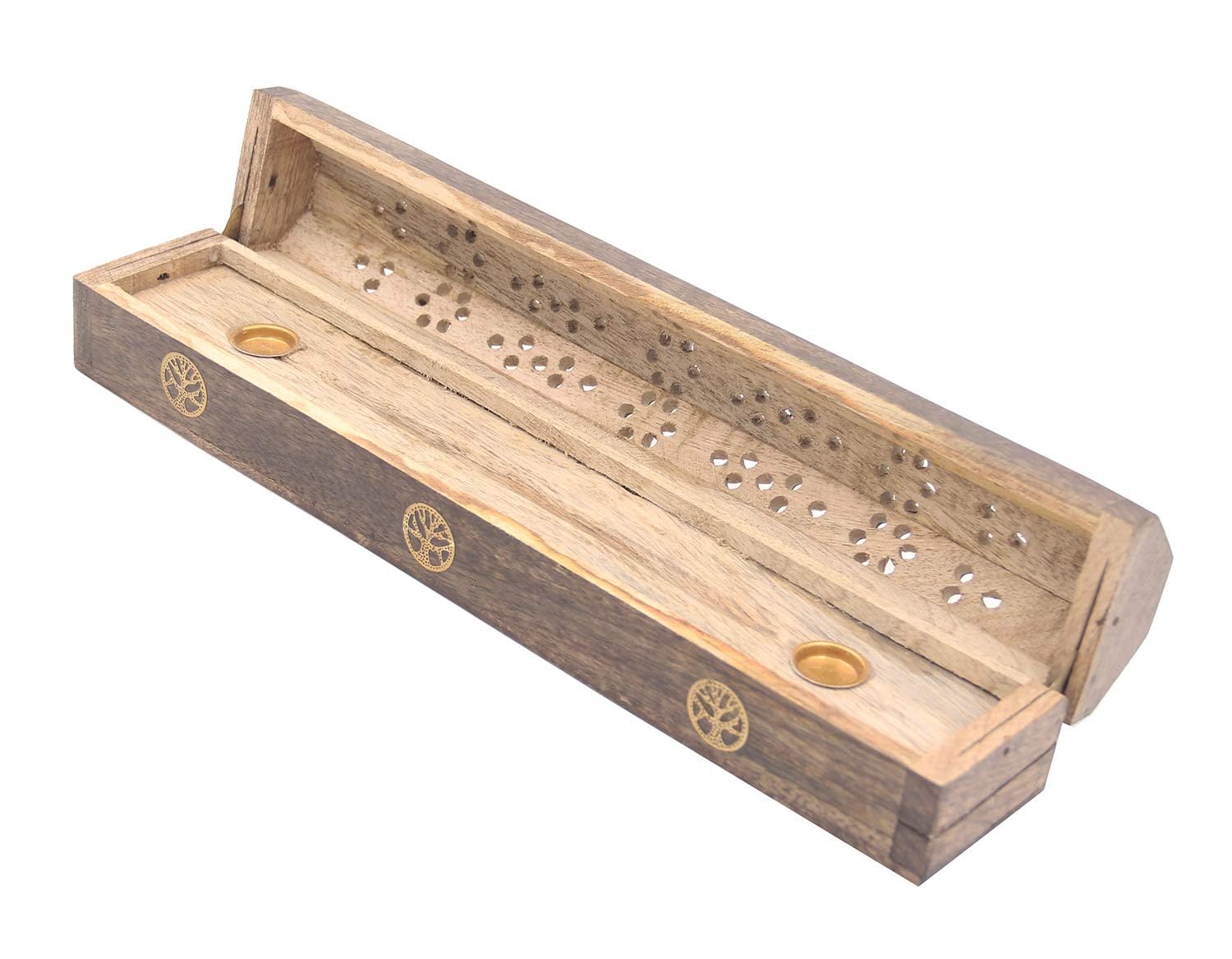 DharmaObjects 2 Pack Wooden Coffin Incense Burner with Buddha Brass Inlays and Storage Compartment - 12X2X2 Inches (Tree of Life)