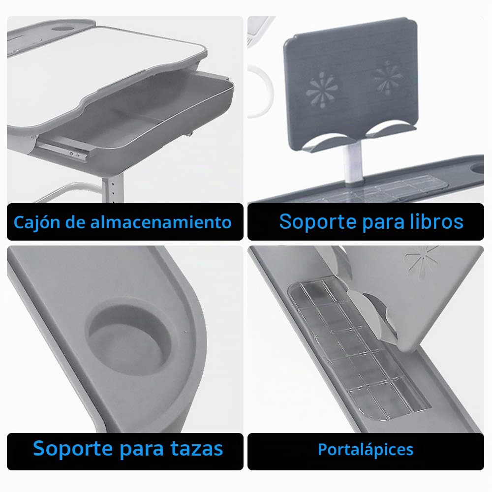 Yinleader Kids Juego de escritorio y silla para niños, mesa ajustable con lámpara de protección visual, soporte para libros, escritorio basculante ideal para escribir, leer y dibujar (gris)
