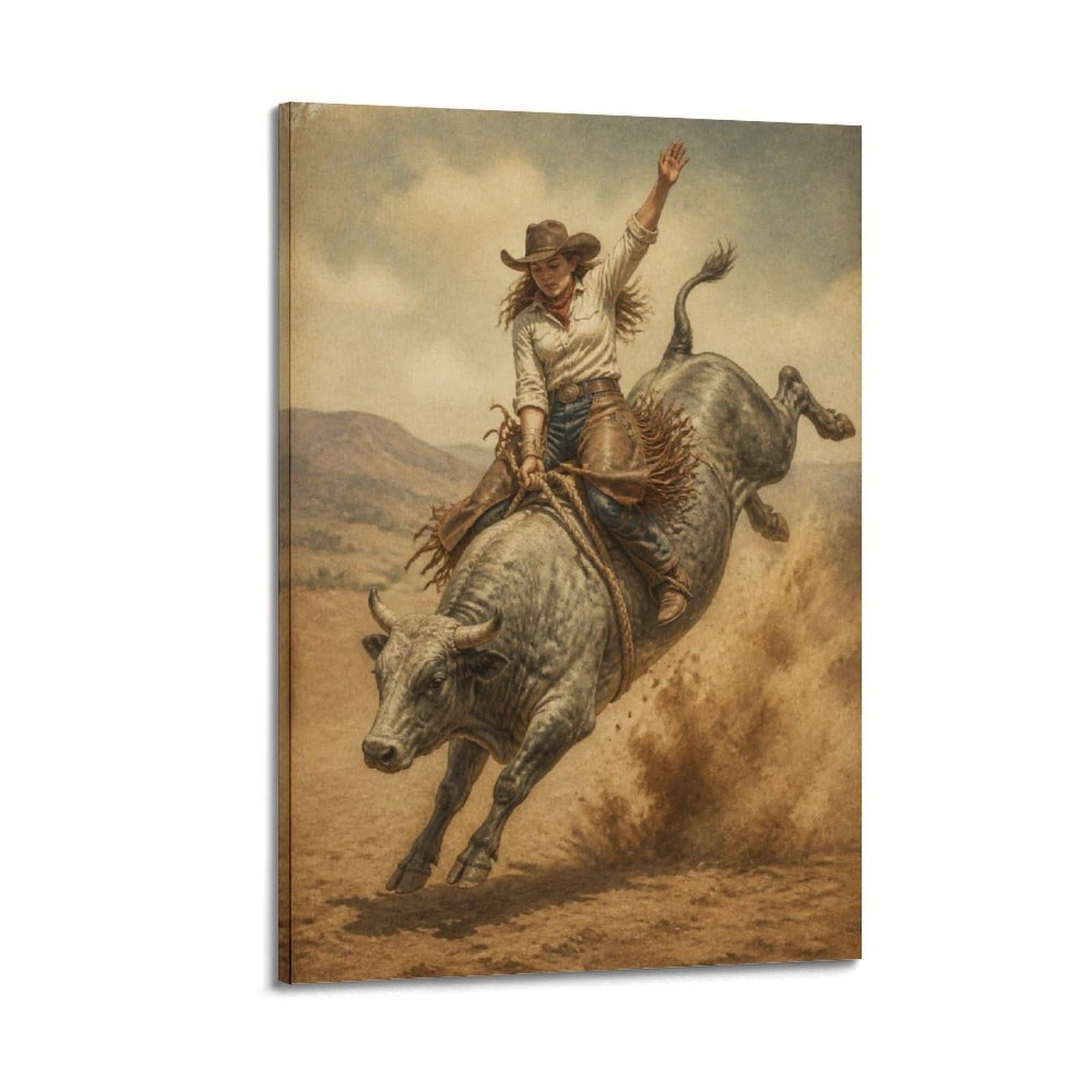 OKAHYS Nostalgic Cowgirl Rodeo Bull Riding Poster Vintage Western Sports Modern Decorative Canvas Prints - Ideal Wall Art for Family, Man Cave, Game Room, Boys & Girls Bedroom 20x30inch(50x75cm)