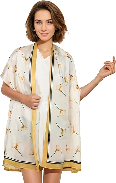 WaJuemy Elegant Silk Scarf Shawl for Women Lightweight Floral Satin Scarf Trendy Silky Scarves Headscarf Neck Shawls Wraps