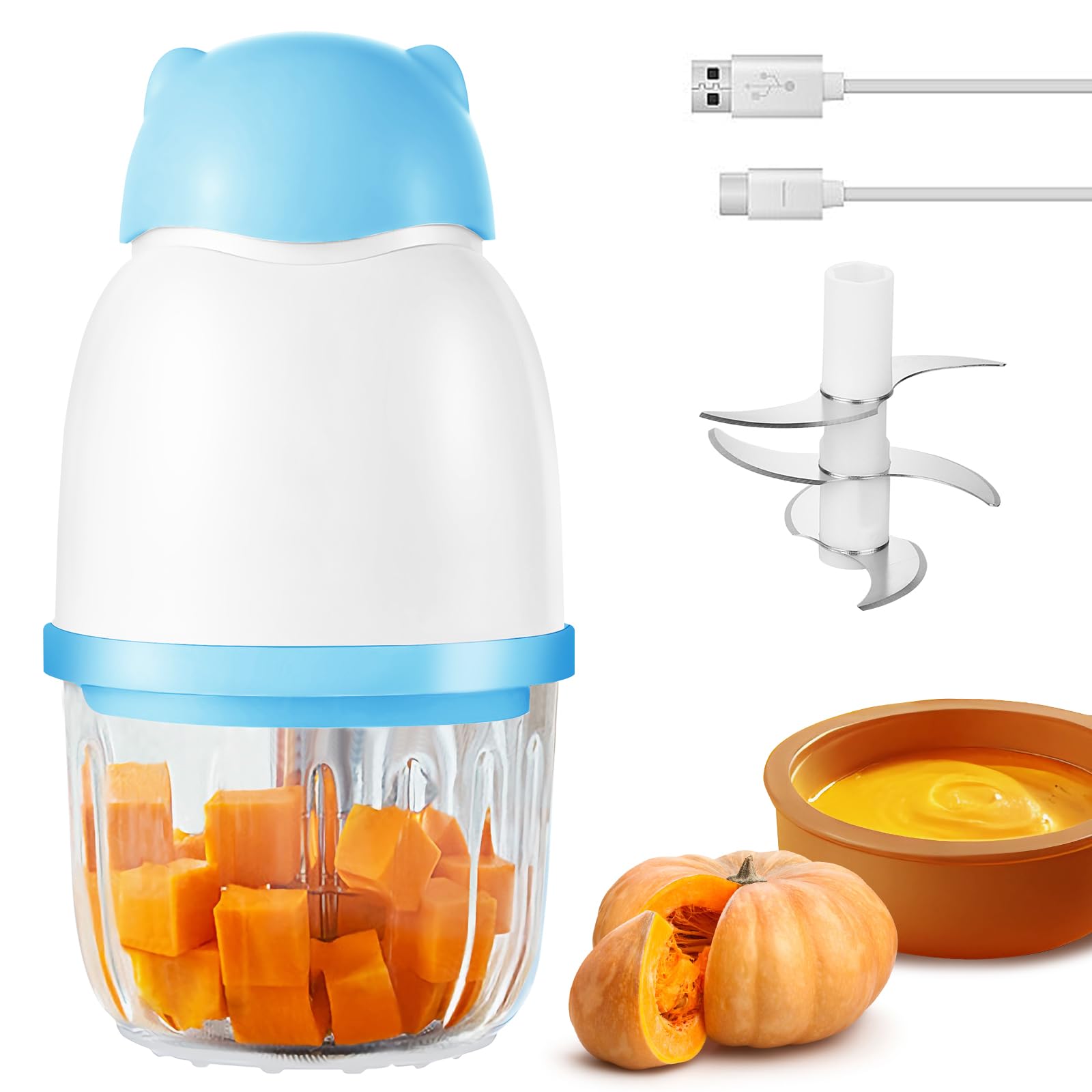 Máquina de alimentos para bebés, procesador de alimentos inalámbrico, licuadora de puré con cuenco de vidrio de 11.8 fl oz y 6 cuchillas afiladas, pequeño cortador inalámbrico para hacer puré de bebé
