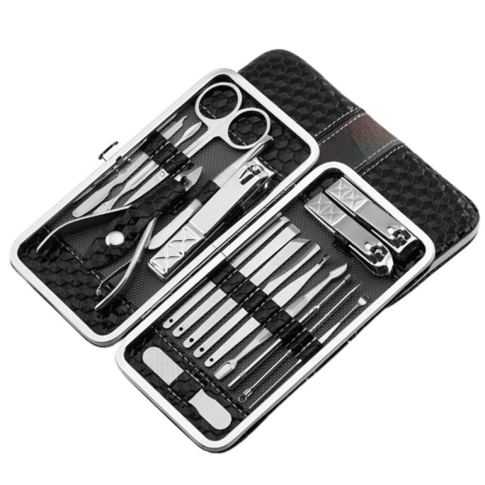 Ensemble de manucure 18pcs Kit de coupe-ongles professionnel Outils de soins de pédicure, kit de toilettage en acier inoxydable avec étui de voyage en cuir-marron_Ensemble de 18 pièces (noir 18)