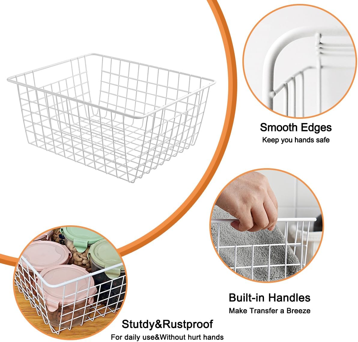 3 Pack Large White Wire Baskets for Pantry, 14" Upright Wire Freezer Storage Bins with Handles, Small White Metal Storage Basket for Freezer Organizing Office Kitchen Closets