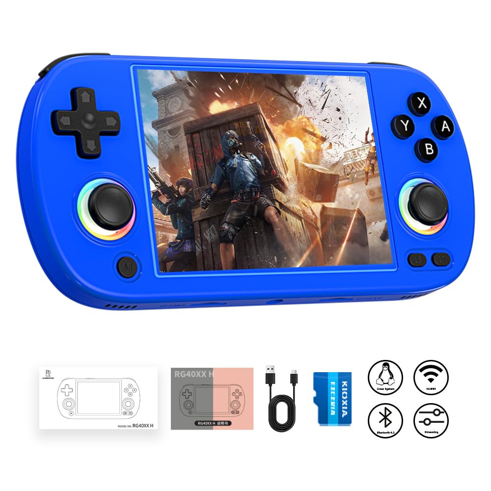 RG40XXH Retro Handheld Game Console with 4-inch IPS Screen RGB Lighting 64G TF Card Linux System and 3200mAh Battery Supports 5G WiFi Bluetooth 4.2 Blue