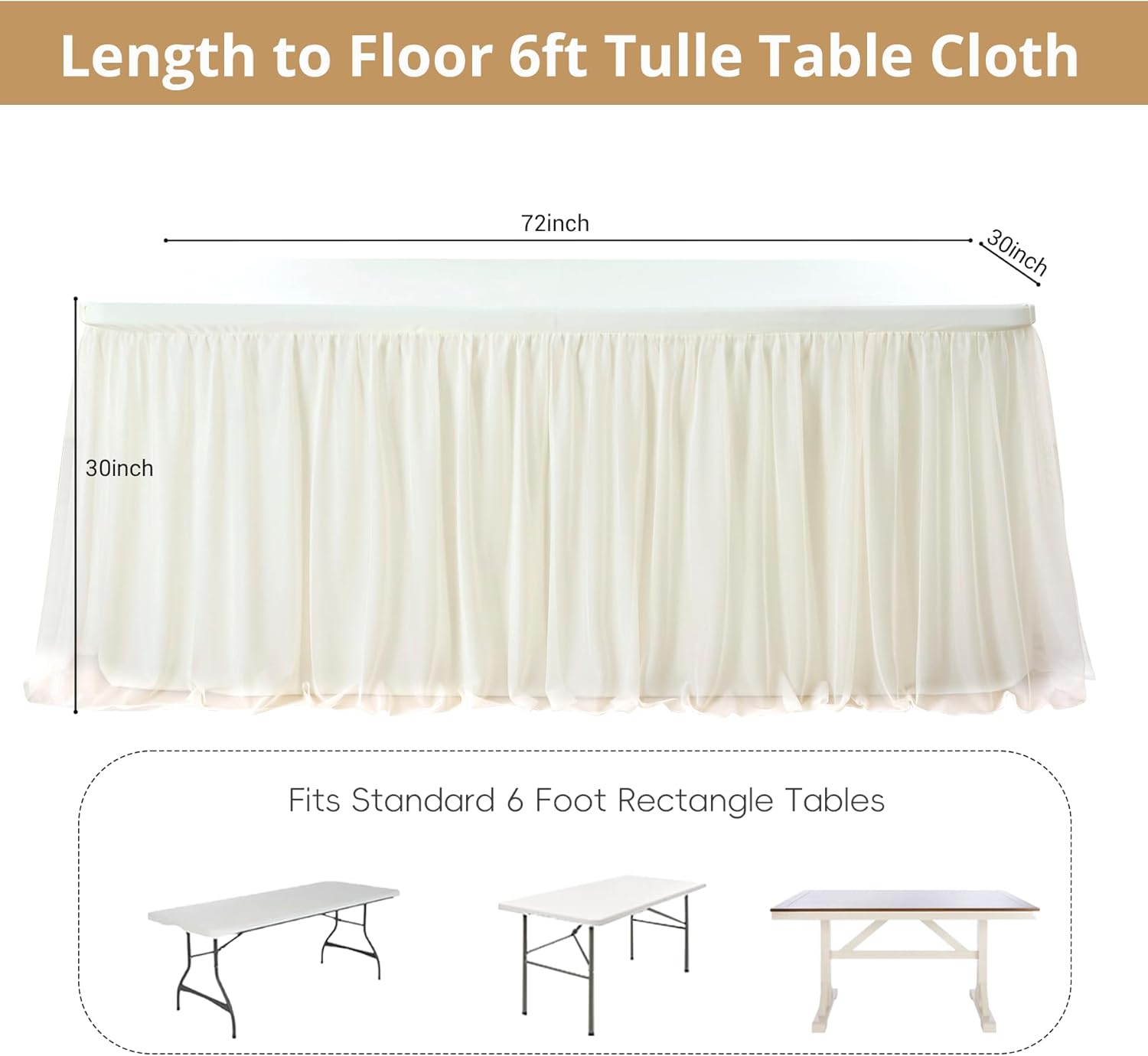 leegleri 2 pk 6ft Ivory Tulle Tablecloth for Rectangle Tables, 2-in-1 Cream Table Covers with Tulle Skirt,Wrinkle Free Stretchy Ruffle Tulle Table Cloths Fitted for Wedding Party Banquet Vendor