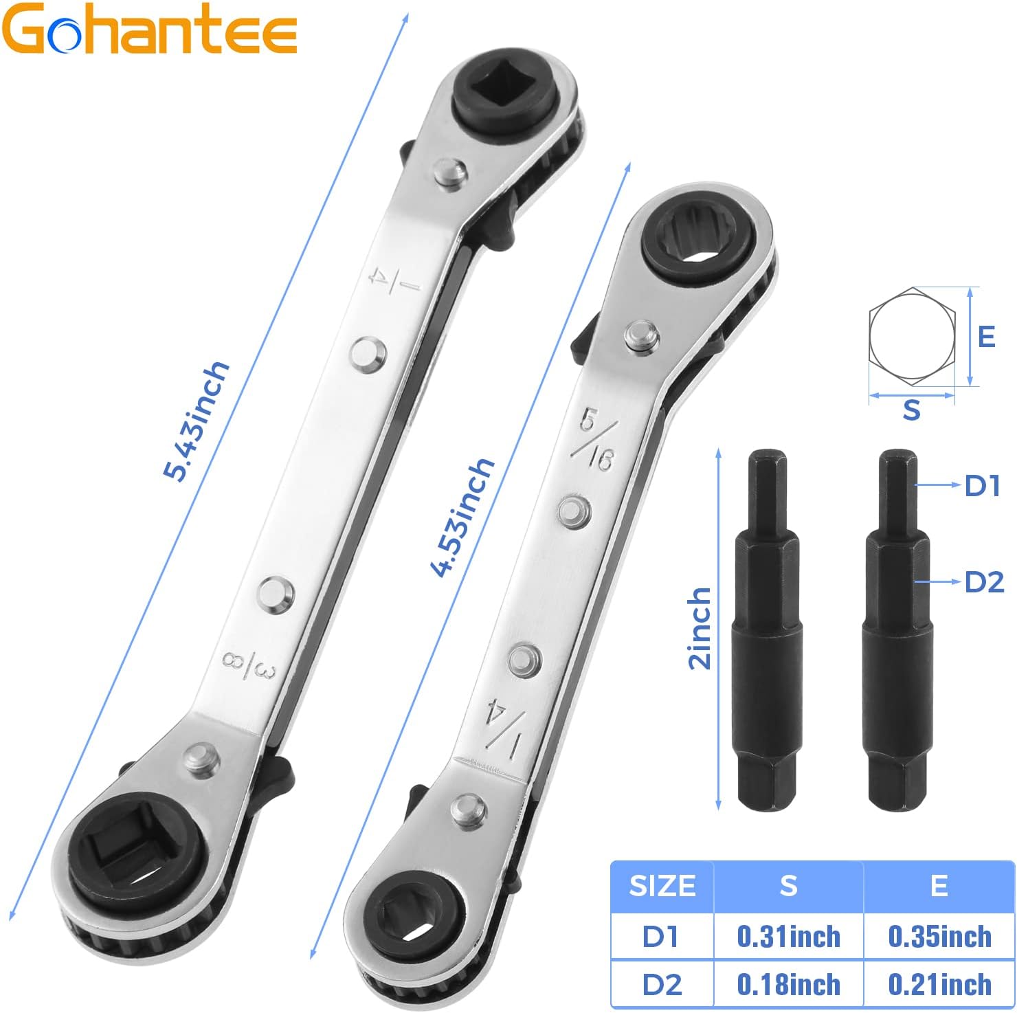 gohantee Hvac Service Wrench Tools Air Conditioner Valve Ratchet Wrench 3/16” to 3/8” 5/16'' x 1/4'' with 2 Hexagon Bit Adapter Kit for Air Refrigeration Tools and Equipment Repair Tools Clearance