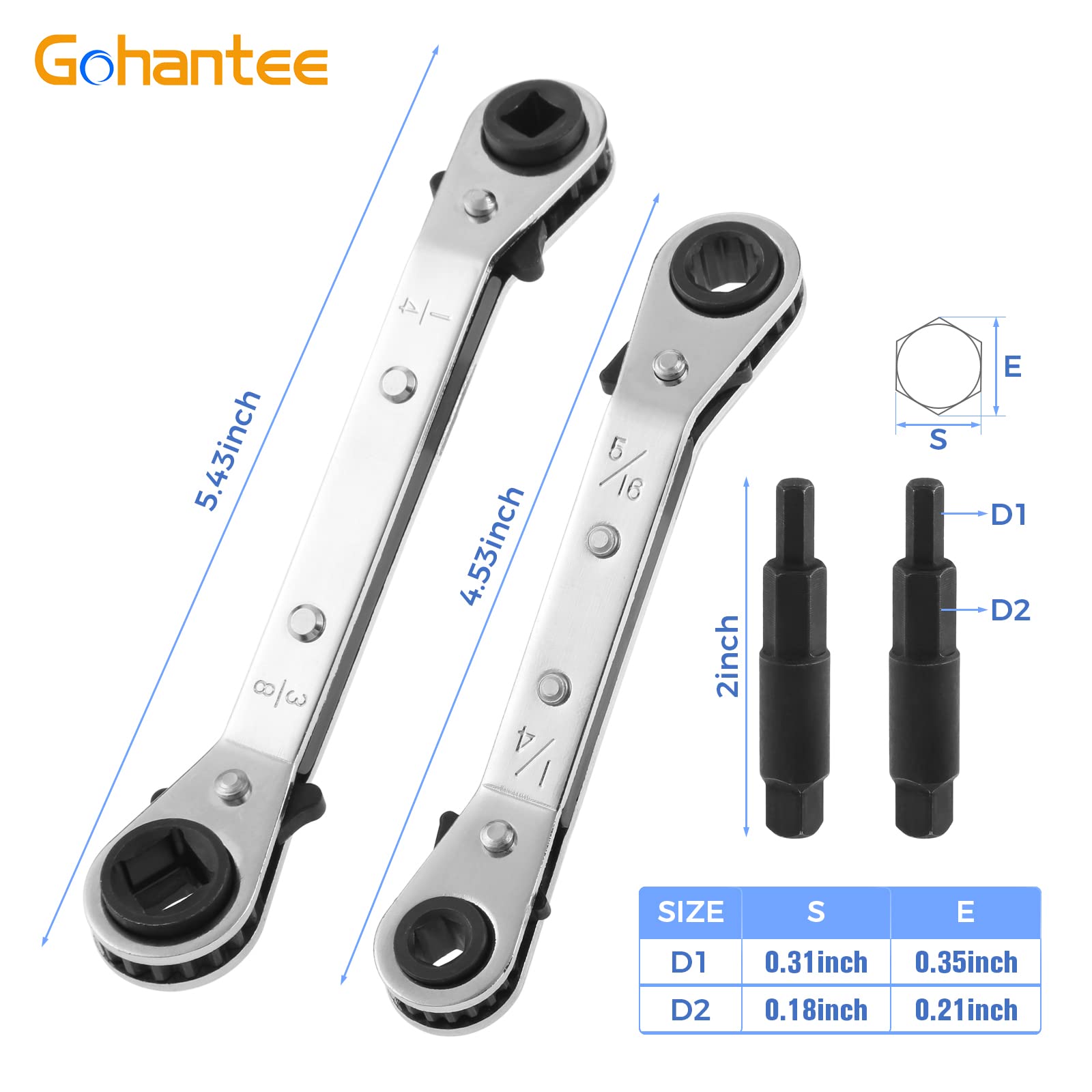gohantee HVAC Service Wrench Tools Air Conditioner Valve Ratchet Wrench 3/16” to 3/8” 5/16'' x 1/4'' with 2 Hexagon Bit Adapter Kit for Air Refrigeration Tools and Equipment Repair Tools Clearance - Image 4