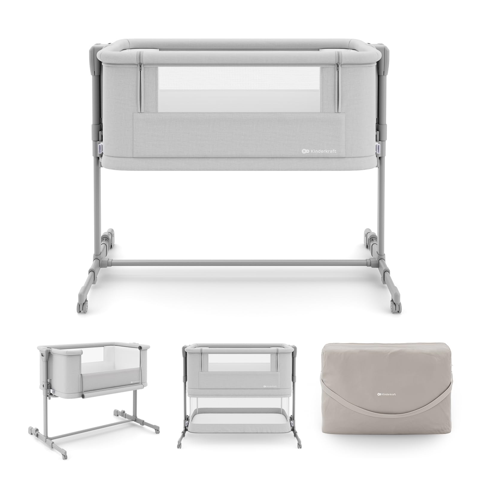 Kinderkraft NESTEE GROW 2 lettino da affiancare 3 in 1, lettino per neonato e letto per bambino, 5 livelli di altezza, materasso incluso, ruote con blocco, pieghevole, Grigio Chiaro