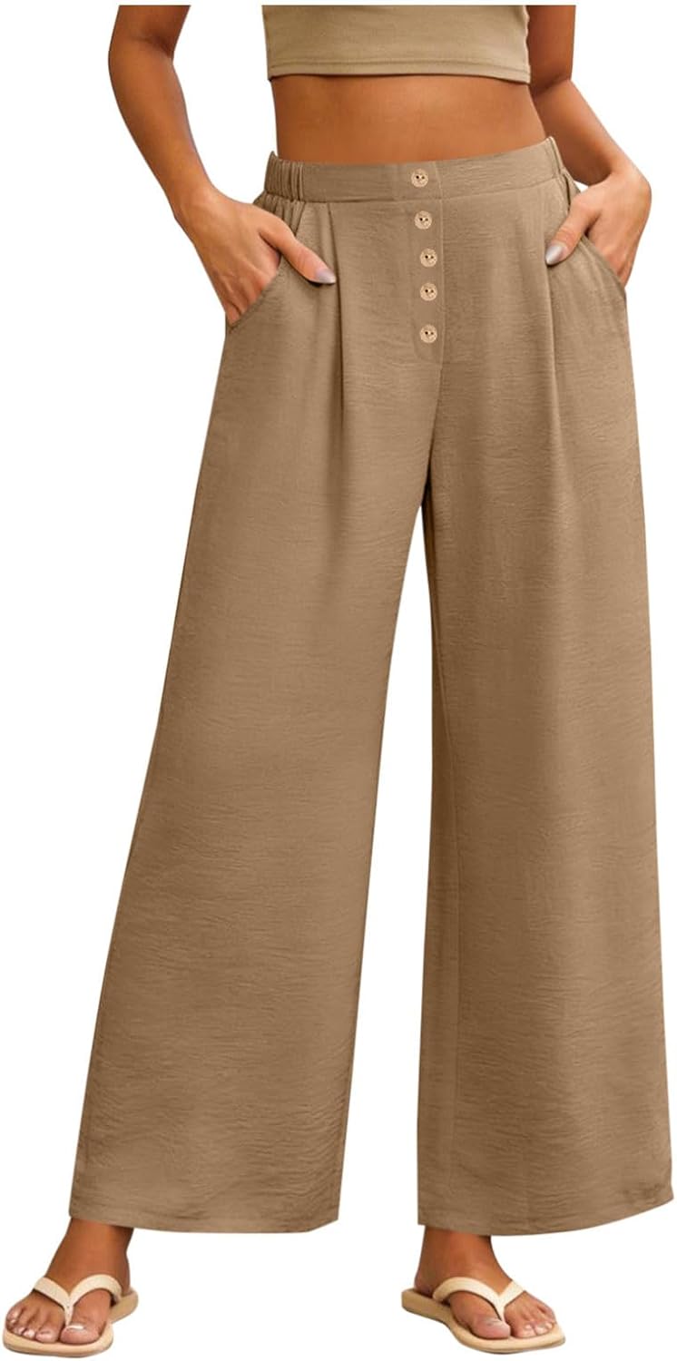 Wide Leg Trousers Pants for Women High Elastic Waisted in The Back Business Work Button Long Casual Pants Palazzo