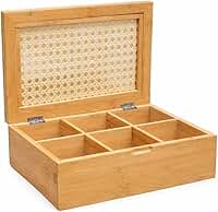 Caixa Organizadora de Bambu Com Palhinha Indiana 6 Divisórias - Para Chás, Cafés, Temperos e Bijuterias - Design Rústico (Bambu Natural Claro)