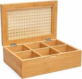 Caixa Organizadora de Bambu Com Palhinha Indiana 6 Divisórias - Para Chás, Cafés, Temperos e Bijuterias - Design Rústico (Bambu Natural Claro)