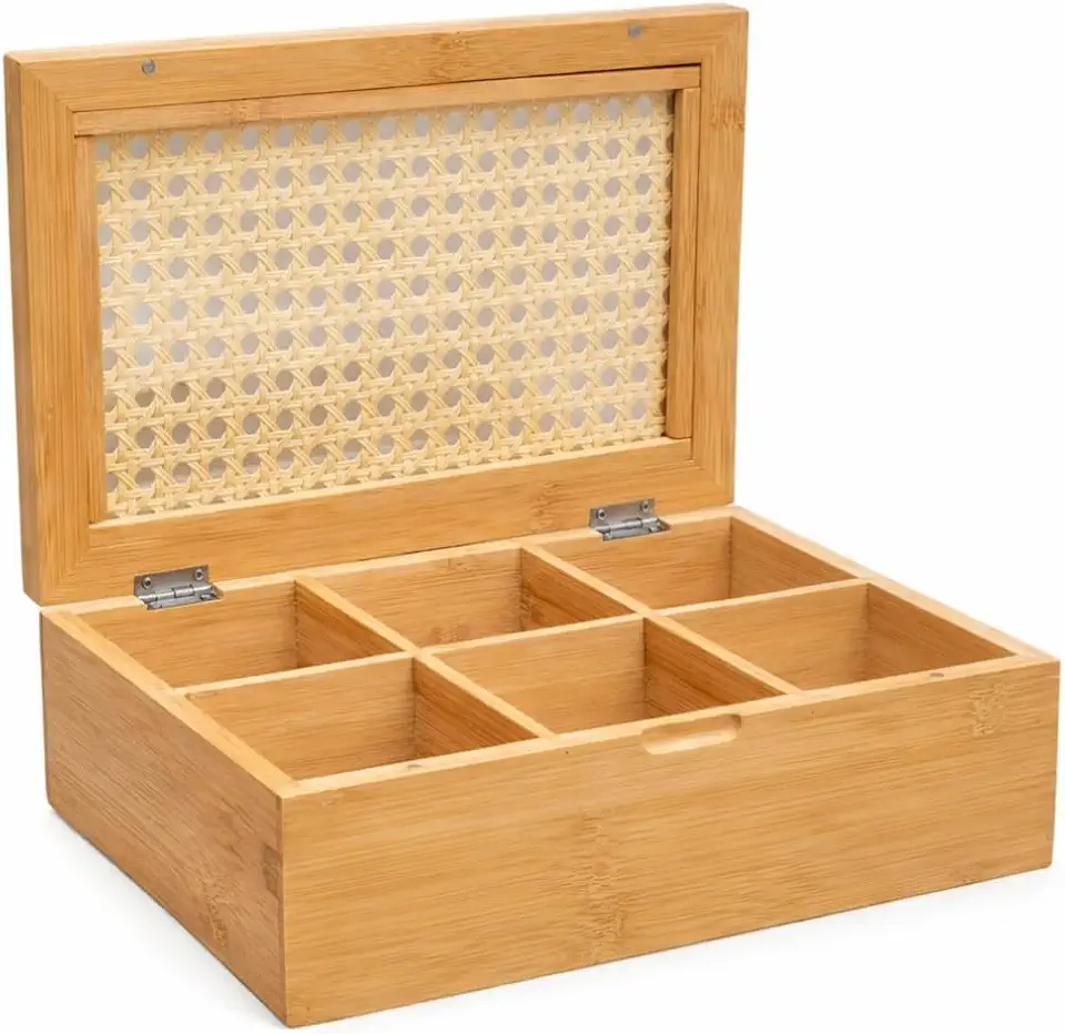 Caixa Organizadora de Bambu Com Palhinha Indiana 6 Divisórias - Para Chás, Cafés, Temperos e Bijuterias - Design Rústico (Bambu Natural Claro)