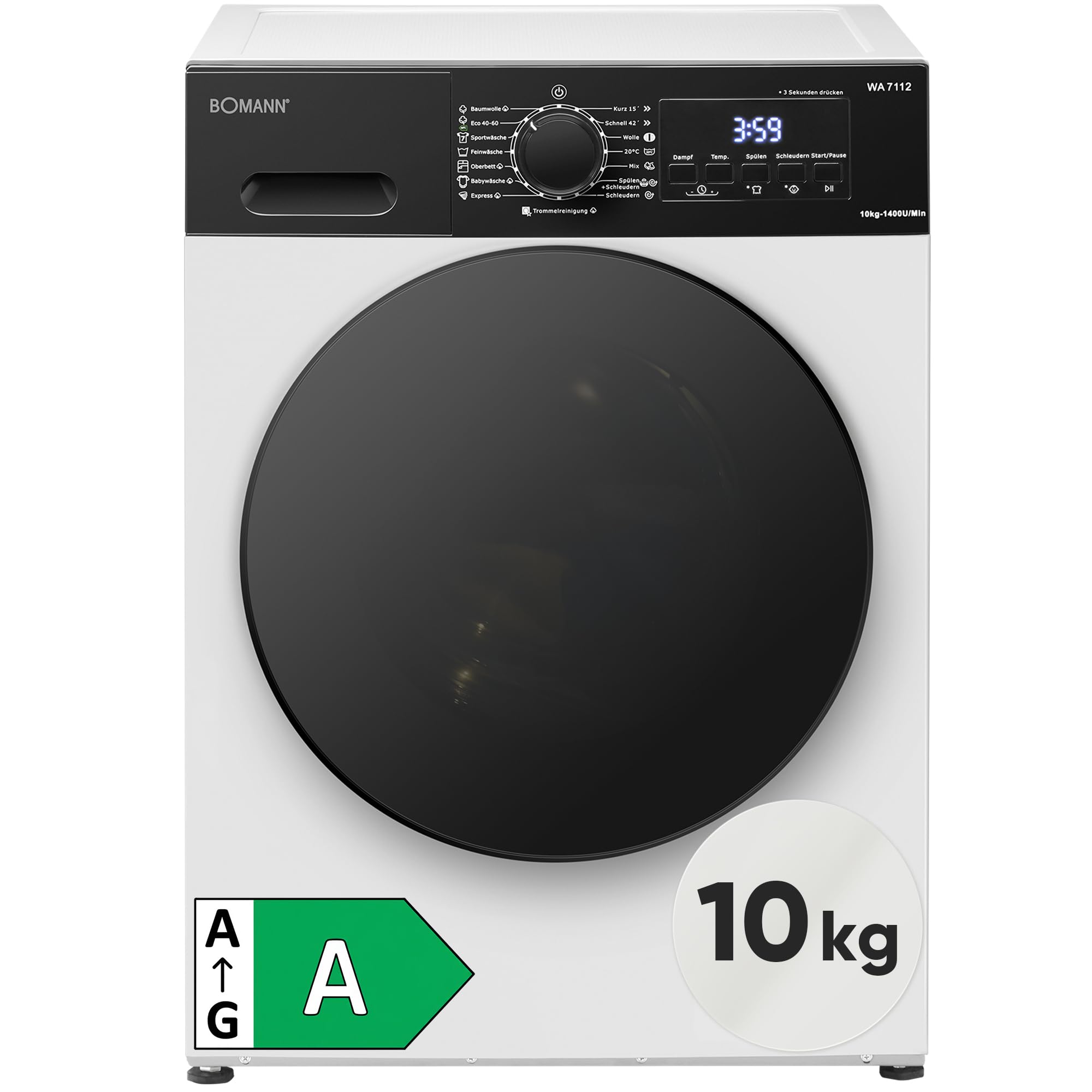 Bomann® Waschmaschine 10kg | 5 Jahre Motor-Garantie | Invertermotor - effizient, leise & langlebig | inkl. Aqua-Stop | max. 1400 U/min | 15 Programme | LED-Display | Washing Machine | WA 7112 weiß