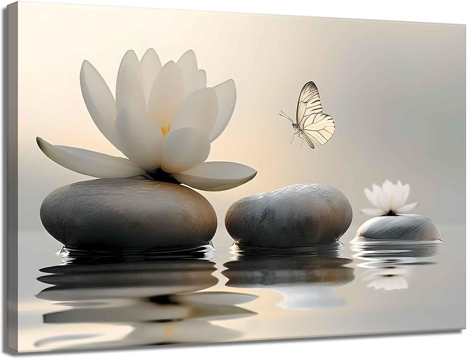 Zen White Lotus Canvas Wall Art Spa Room Meditation Wall Decor Pictures Peaceful Stone Yellow Butterfly Breathe Posters Prints for Bathroom Room Modern Yoga Spiritual Spa Living Bedroom Decoration
