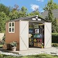 OneBlis 8x6FT Outdoor Storage Shed, Tool Shed with Sloping Roof and Lockable Door, Galvanized Metal Shed for Backyard Garden Patio Lawn, Brown