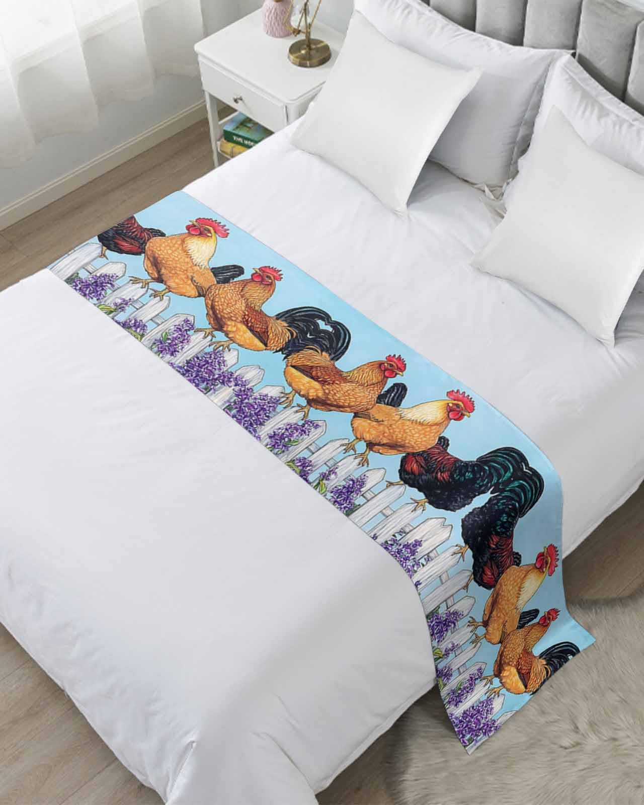 Retro Rooster Bed Runner for King Size, Spring Floral Farmhouse Animals Bedspread Protector Slipcover Bed Scarf for Foot Runners & Scarves for Bedroom Hotel Wedding Room 102x20 Inches