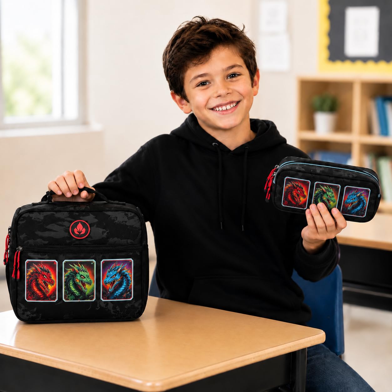 Vasari Combo Escolar Fiambrera Térmica + Estuche Triple Compartimento | Bolsa Porta Alimentos y Estuche Escolar para Niño | Gaming Dragon Negro