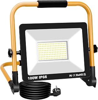 RIGIDON Portable LED Construction Headlight 100W 1000LM LED Headlight with | 10000LM Cable, 6000K White, Folding Stand, for Home Workshop, Garage, Garden, Security Outdoor, IP66 Waterproof