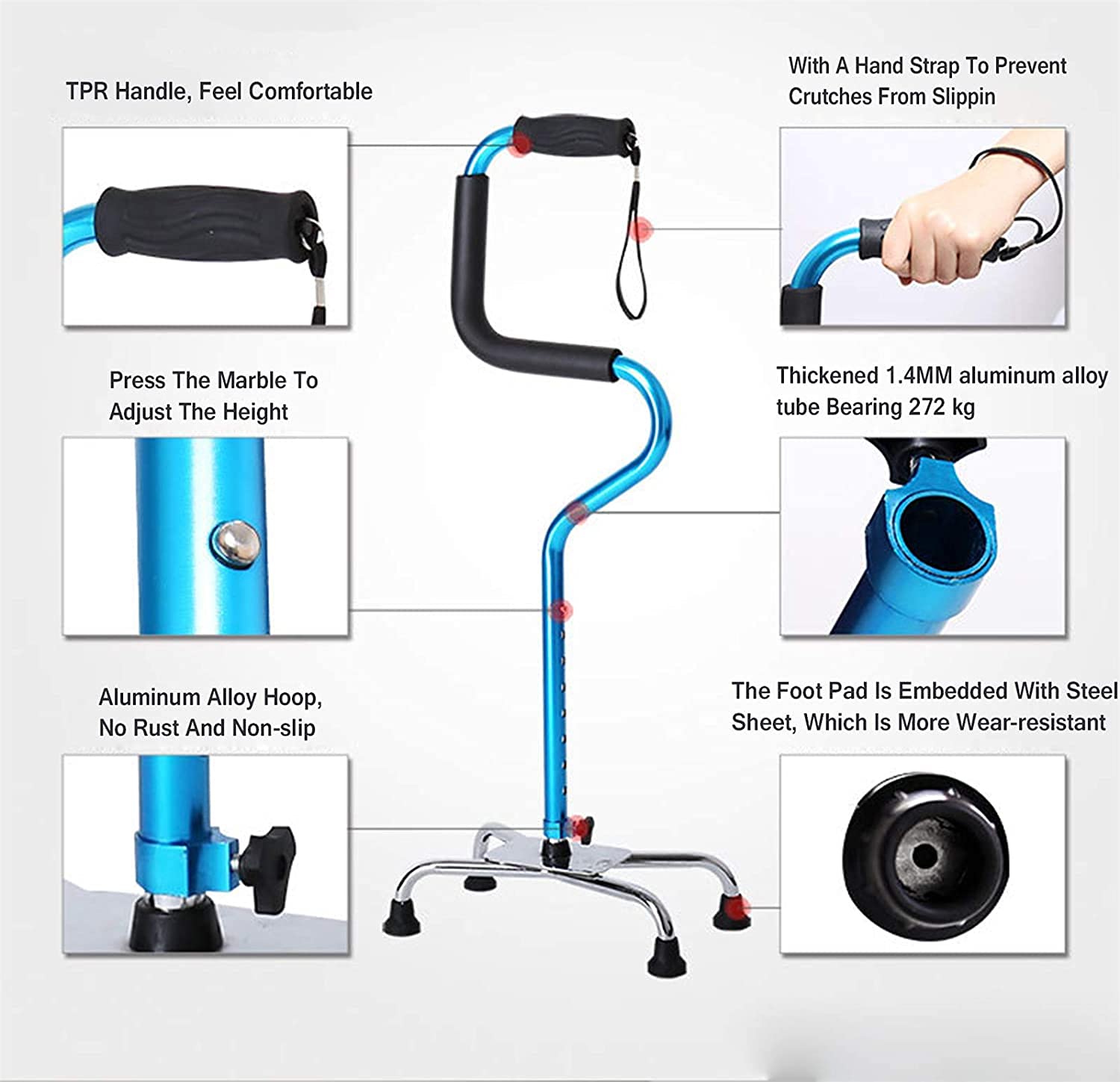 Stampelle Telescopiche Antiscivolo Quad Bastone, Bastone da Passeggio Regolabile con Base a 4 Punte per Anziani e Handicap, Funziona per Uomini o Donne Destrimani o Mancini, Blu per Artrite, Anziani