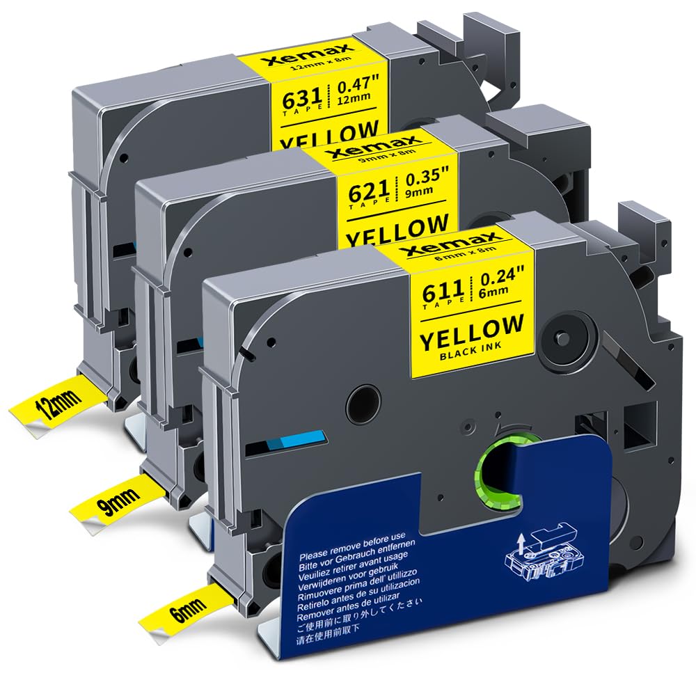 3 x XemaX Compatible Label Tape Replacement for Brother P-touch Tapes 12 mm 9 mm 6 mm TZe-631 TZe-621 TZe-611 Label Tape for PT-1000 1010 E110 H100 H100LB H100R H105 H110 P300BT D400, Black On Yellow