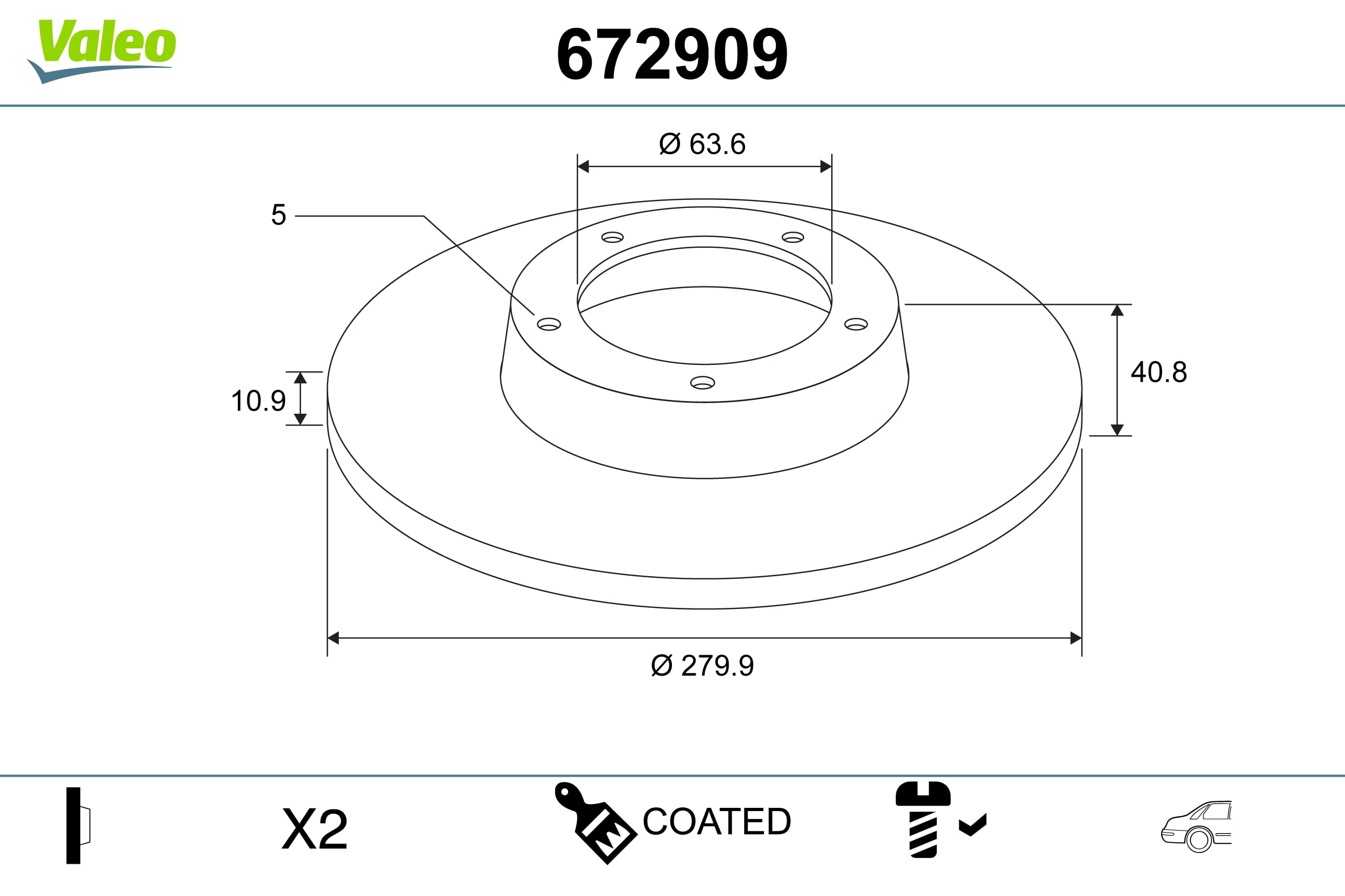 Valeo Boîte de 2 Disques de Frein Revêtus 672909, Essieu Arrière