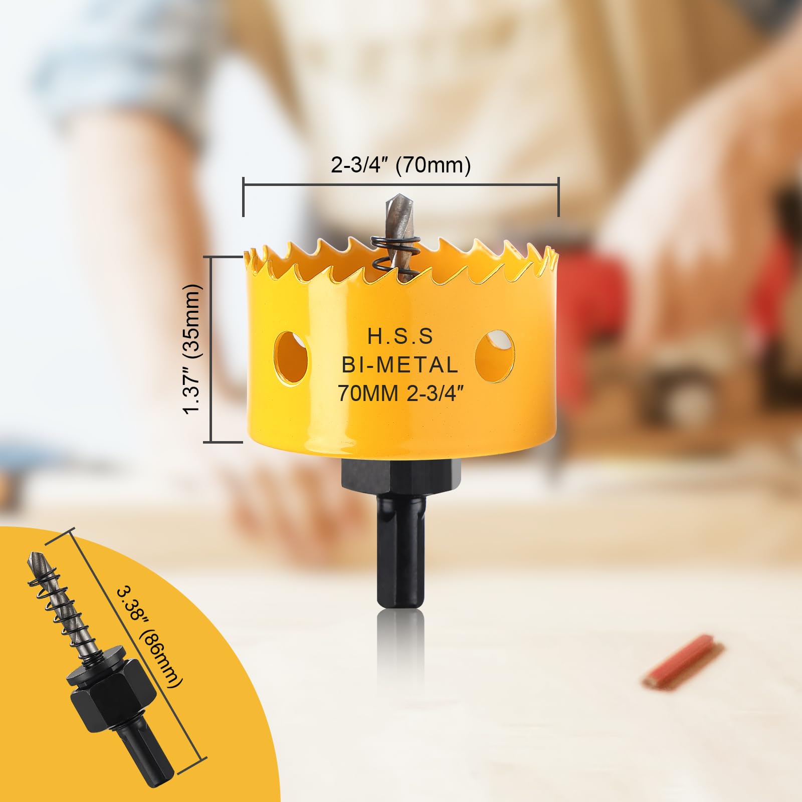 70mm Hole Saw, HSS Bi-Metal Hole Cutter with Drill Bit for Wood Plastic, PVC, Fiberglass and Plasterboard, Yellow - Image 3
