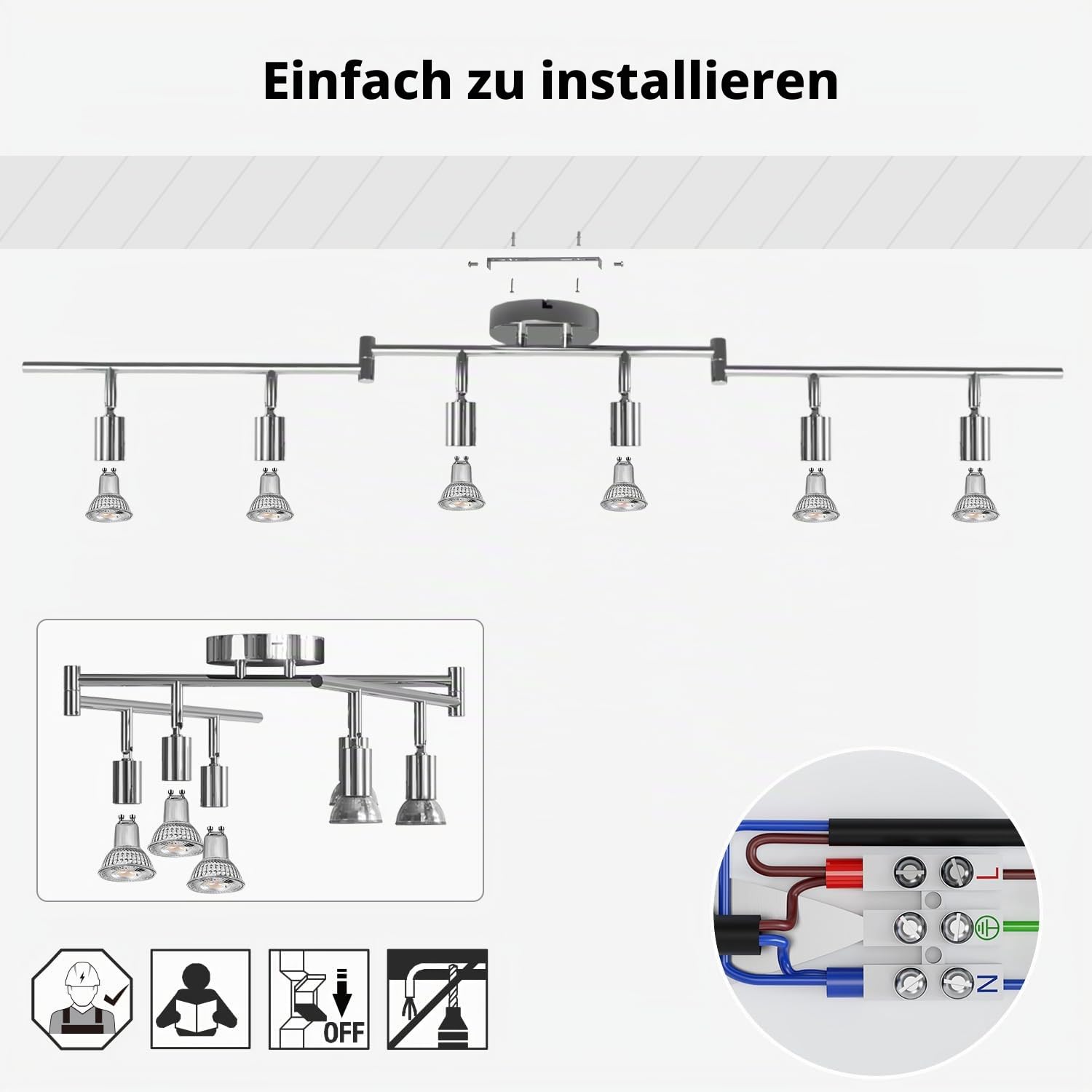 LVWIT Deckenleuchte LED Spotleuchte 6 Flammig GU10 Modern Chrom Deckenspot Schwenkbar 350° Drehbar Küchelampe Spot Strahler Decke Wohnzimmer Schlafzimmer Deckenstrahler (Ohne Leuchenmittel)