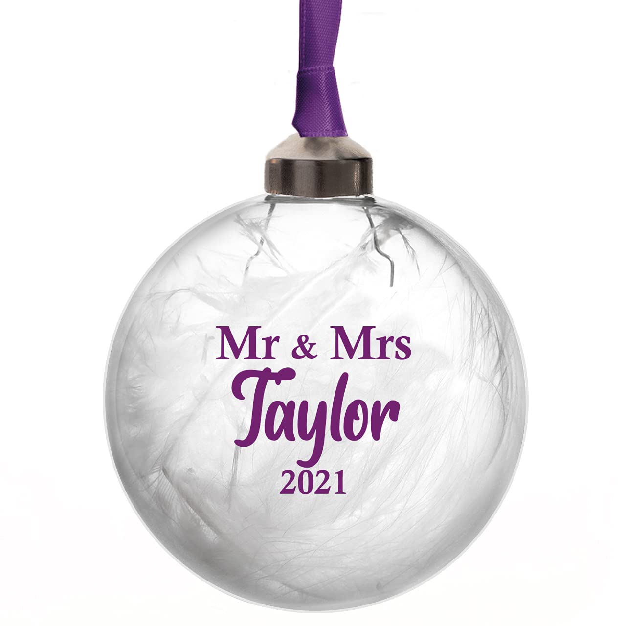 Personalised Mr and Mrs Glass Bauble Filled with White Feathers available in 10 Colours Mr and Mr or Mrs and Mrs (Purple)
