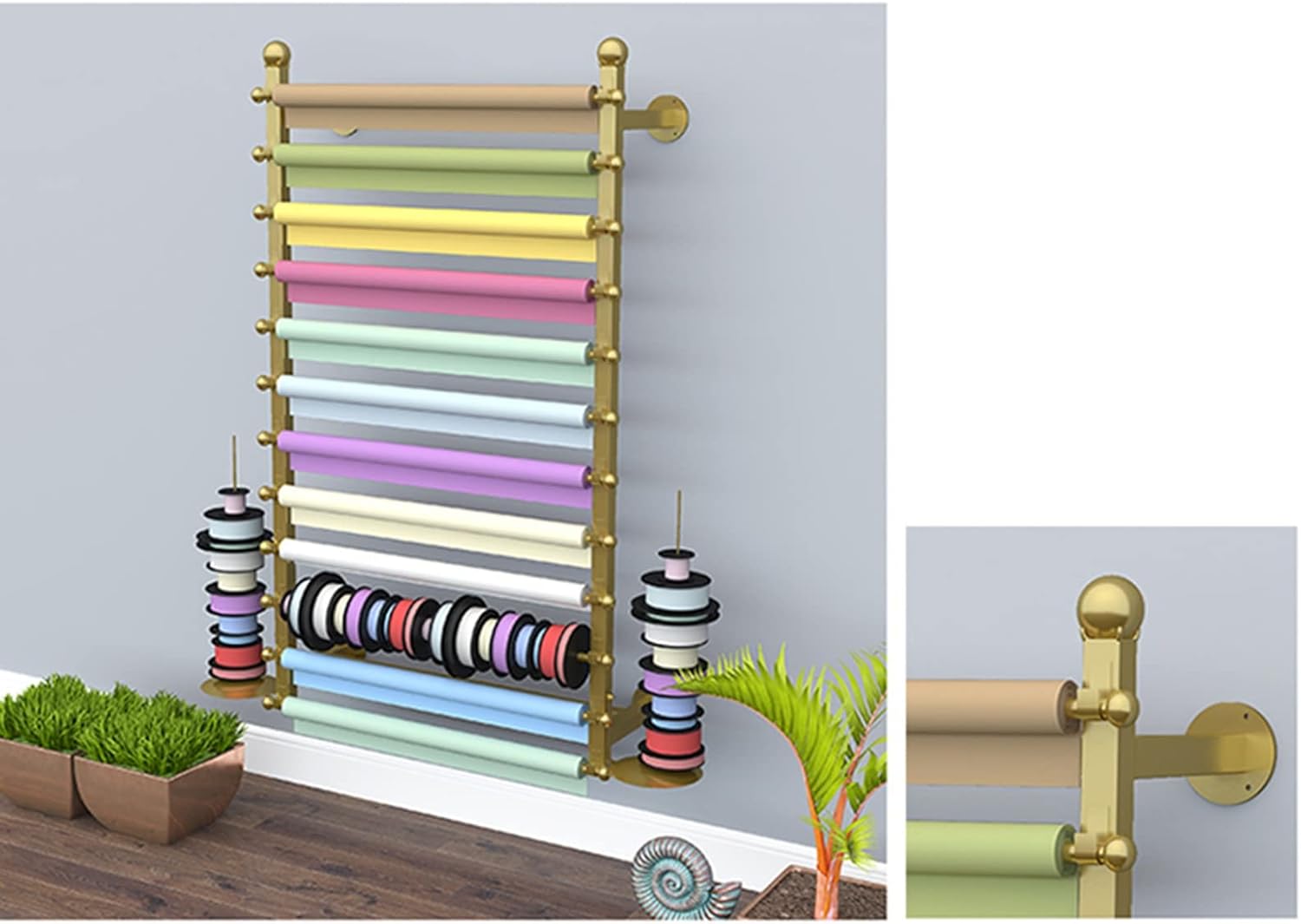 Flower Shop Ribbons Rolls Storage Organizer, Wall Mount Metal Removable Crossbar Gift Wrapping Paper Rack for Cake Stores (Color : White, Size : 120cm/47.2in) (Gold 120cm/47.2in)