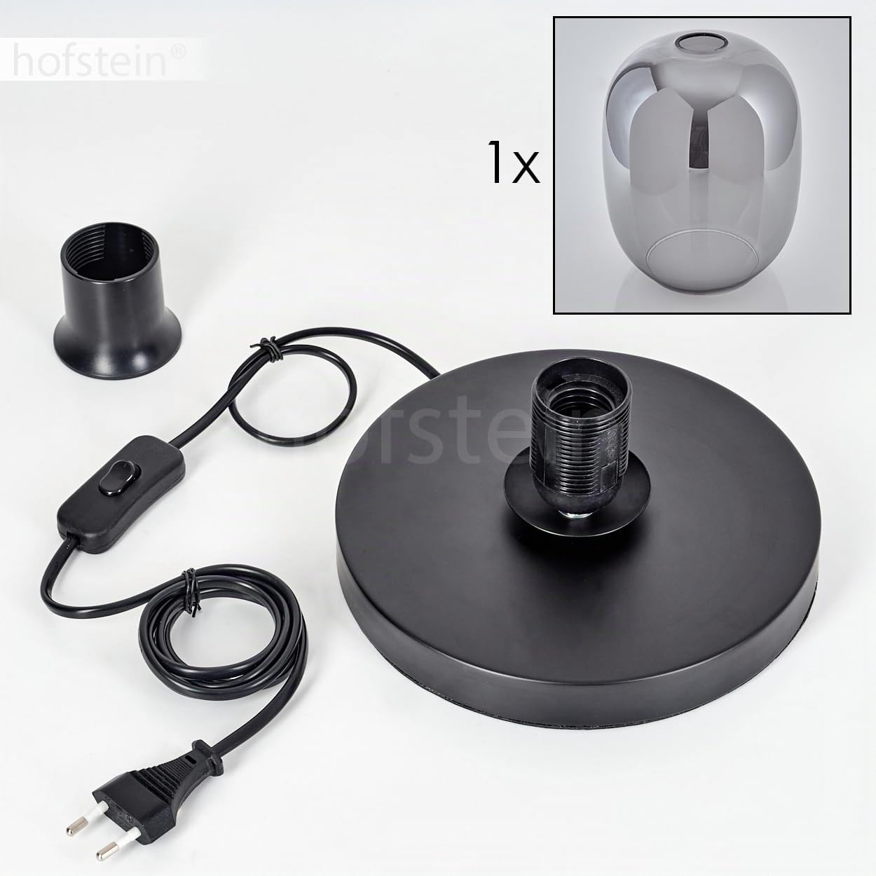 Tischleuchte Apedo, Tischlampe aus Metall/Glas in Schwarz/Rauchfarben, Leuchte im modernen Retro/Vintage-Design mit Schirm aus Glas (Ø 20 cm) u. An/-Auschalter am Kabel, 1 x E27, ohne Leuchtmittel