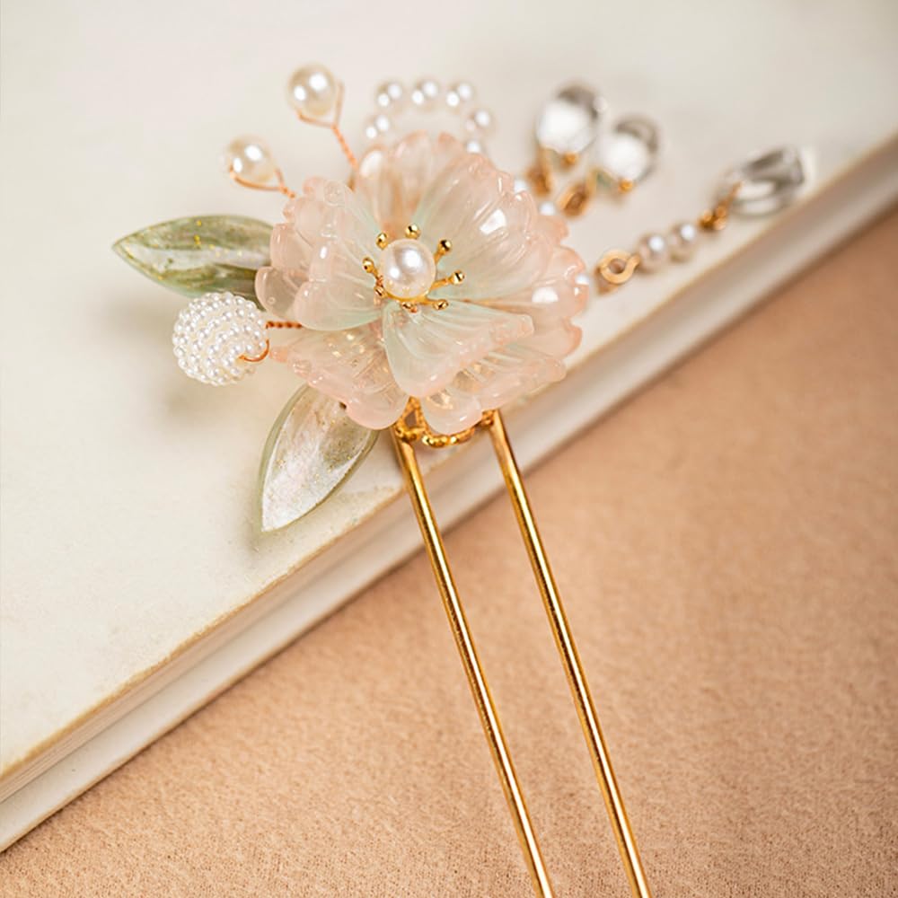 Rainbow Pink Chrysanthemum Pearl Tassels Chinese Hanfu Metal Handmade Hair Clip Hair Accessories for Women Girls Long Hair (Rainbow Flower)